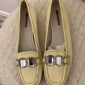 Prada Yellow Patent Leather Loafers with Crystal Buckle